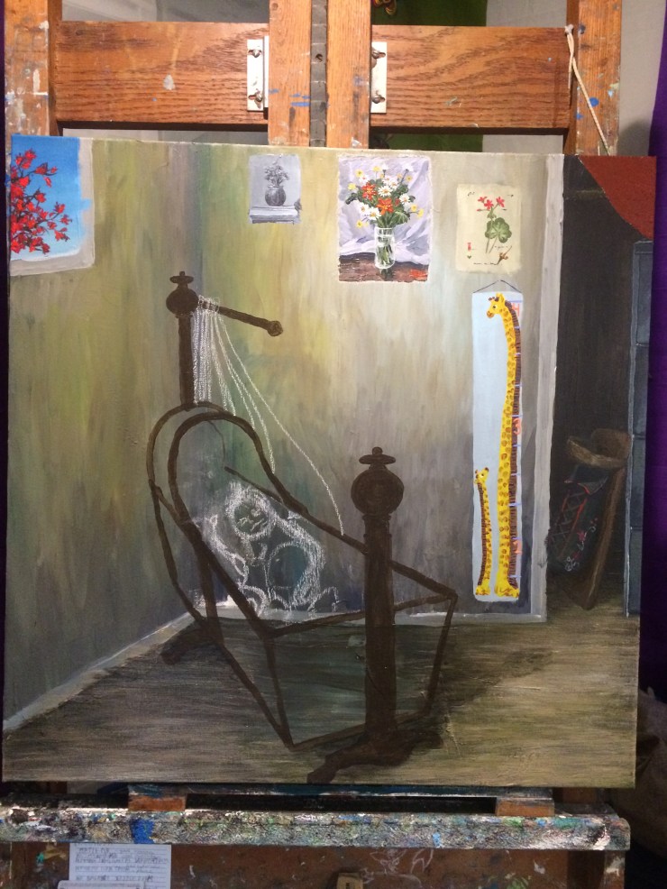 An unfinished painting resting on an easel. The painting depicts an infant in a crib. The wall behind the infant is decorated with pictures of flowers and a child's growth chart. A closet in the background holds a filing cabinet and an empty cradleboard.