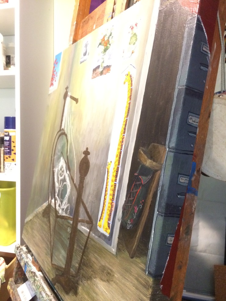 An image of the edge of a painting showing a filing cabinet in a closet. The extension of the filing cabinet around the edge of the canvas adds to its concealment.