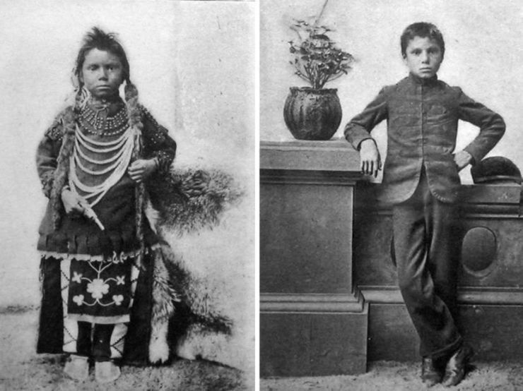 Two black and white photographs of Thomas Moore are shown side by side. In one he is in traditional regalia backdrop against an animal hide. In the second he wears European style dress and leans against an architectural barrier. A potted geranium is pictured beside him. His hair has been cut short.