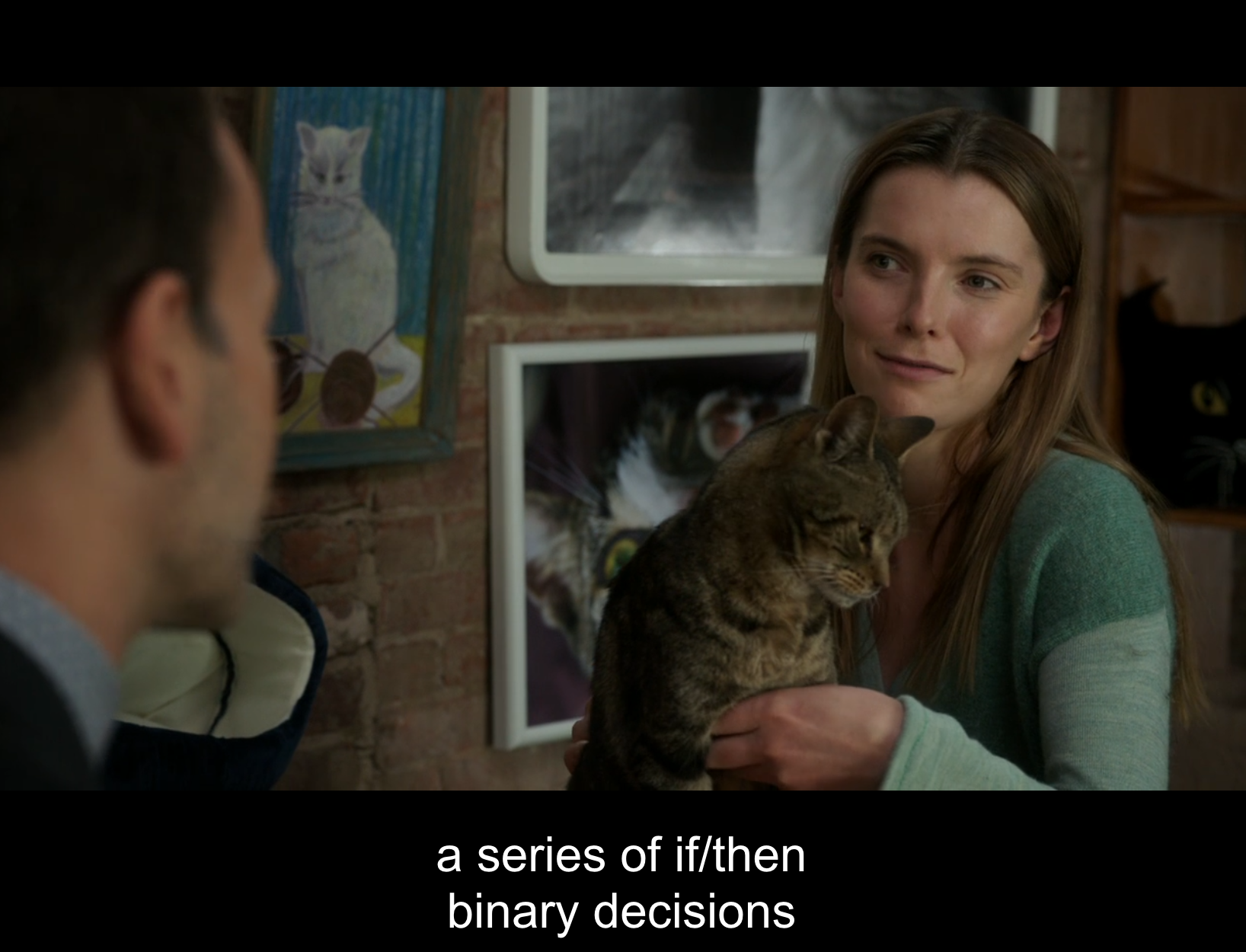 Fiona’s body language softens and she exhibits more facial expressions when we see her latter in the series in environments where she is comfortable, such as when Sherlock tracks her down at a cat cafe (Elementary. 2016a).
