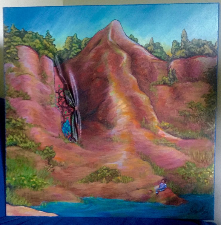 Bliss: A Meditation on Time. A painting of a person seated on an outcropping overlooking a lake. High cliffs rise up behind them and reflect pink and golden light. The sky and lake are a rich turquoise blue. The person is eating an apple. A bike lies on its side on the beach. The canvas is split at a crevasse in the cliff face and sewn back with copper wire. Behind the torn canvas the same landscape is visible, but painted in a woodlands style. The tree in the painting has red fruit, while the same tree is just visible in the pulled back part of the canvas  is painted with its fruit still unripe. 