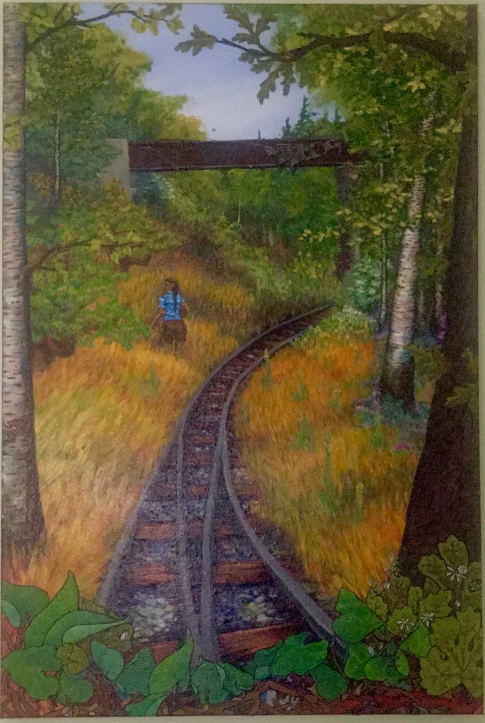 The Gardener. A painting of a person walking beside train tracks in a field. They wear a blue shirt and have dark hair. They are carrying a basket of apples. A torn banner hangs from a bridge overhead. The word "Land" is barely visible. Wild ginger and blood root grow over the railway. There is a small ribbon snake in the branch of a birch tree at the left hand edge of the painting. The person is looking back over their shoulder. 