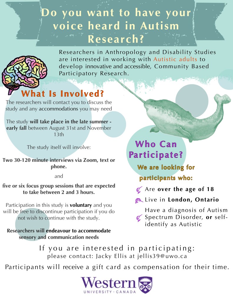 A poster reads: Researchers in Anthropology and Disability Studies are interested in working with Autistic adults to develop innovative and accessible, Community Based Participatory Research. What Is Involved? The researchers will contact you to discuss the study and any accommodations you may need   The study will take place in the Fall and Early Winter between October and January  The study itself will involve:  Two 30-120 minute interviews via Zoom, or text.  and   five or six focus group sessions that are expected to take between 2 and 3 hours per session.  Participation in this study is voluntary and you will be free to discontinue participation if you do not wish to continue with the study. Researchers will endeavour to accommodate sensory and communication needs. Who Can Participate? We are looking for participants who: Are over the age of 18. Live in London, Ontario. Have a diagnosis of Autism Spectrum Disorder, or self-identify as Autistic. Western University Canada.