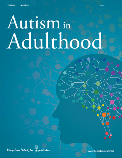 The cover of the Journal Autism in Adulthood. A human face silhouette on a blue background with an overlay of an abstracted representation of a network of neurons in rainbow colours. The Publication is available from Mary Ann Liebert, Inc.: https://home.liebertpub.com/publications/autism-in-adulthood/646